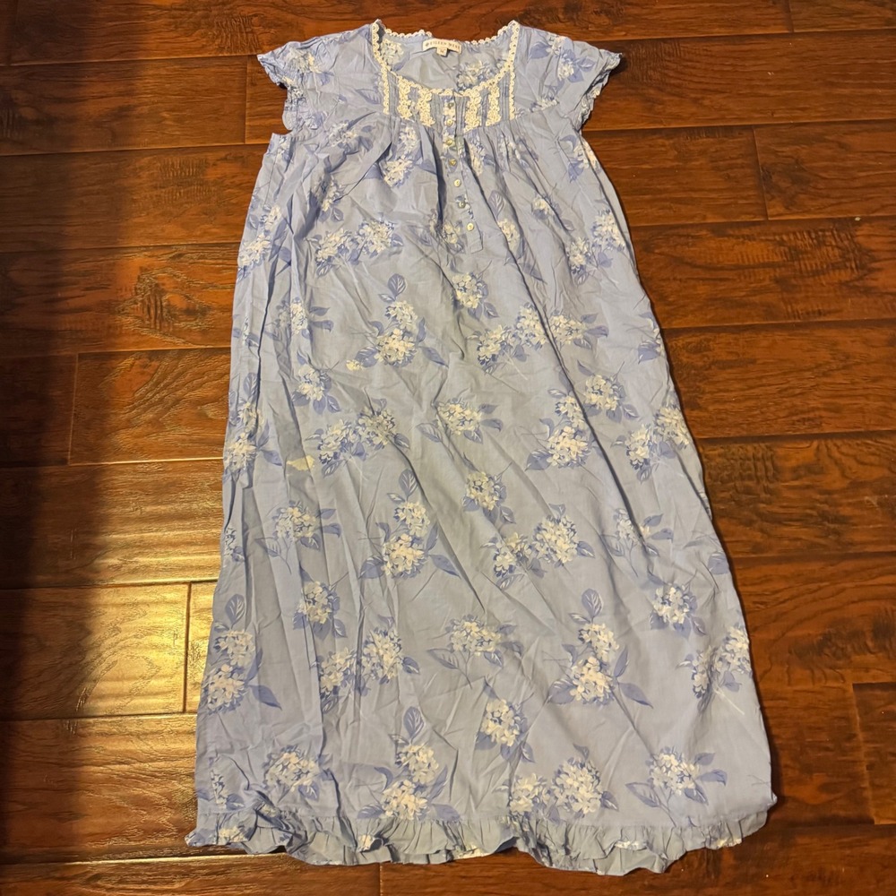 Cottagecore Floral Lace Trim Nightgown Women Medium Blue Cotton Maxi Sleep Dress